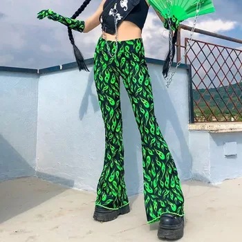 Rohelise Tule Prindi Põletatud Püksid 2021 Uus Kõrge Vöökoht Bell Bottom Talv Sügis Harajuku Y2K Punk Püksid Seksikas Naiste Stiilne Streetwear
