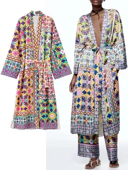 TRAF Naiste 2022 Uus Mood vöö prindi kimono stiilis Mantel Vintage Pikad Varrukad Naiste Ülerõivad Overshirt