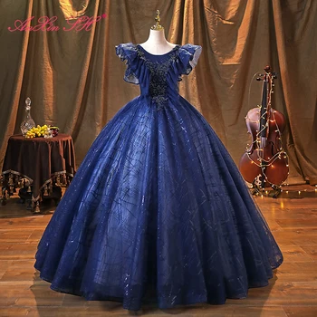 AnXin SH vintage sinise lille, pitsi o kaela profileerimine pruut crystal ball kleit printsess ruffles lühikesed varrukad vastuvõtva õhtul kleit