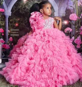 2022 Luksus Roosa Organza Võistlused Quinceanera Kleidid Väikesed Tüdrukud Päitsed 3D-Õie Lilli, Pitsi Flower Girl Esimene Õhtusöömaaeg