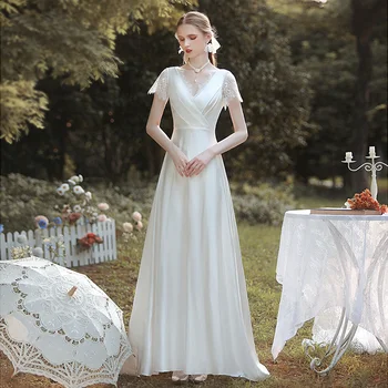 Prantsuse Satin light pulm kleit pruut lihtne V-kaelus väike pits välja teretulnud kleit