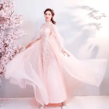 Uus Roosa Kleit De Iltamat Elegantne High-kaeluse jaoks Täielik Varruka Sukienki Wieczorowe Värviline Magus Appliques peokleidid Naiste Õhtu