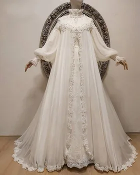 Vintage Pikad Varrukad Chiffon Pulmad Kleidid 2021 Kõrge Kaeluse Pärlitest Pitsi Moslemi Dubai Naiste Valge Pruudi Hommikumantlid Rüü De Mariage