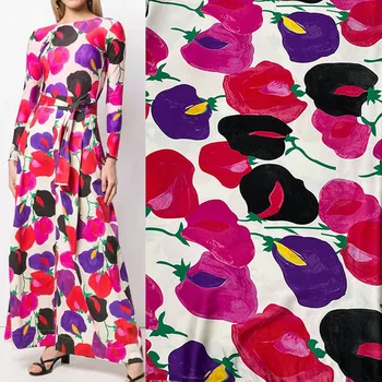 Euroopas Ja Ameerikas Mood Käsitsi Maalitud Lille Muster Jäljendada Silk Satiin Kangast Naiste Kleit Pluus Käsitöö DIY Riie