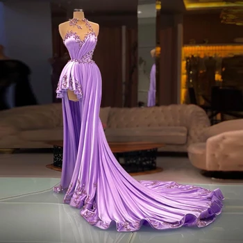 Lavendel Elegantne Õhtukleidid Kõrge Kaeluse Profileerimine Ballile Hommikumantlid Custom Made Varrukateta Pühkima Rongi Ruffles Peokleidid
