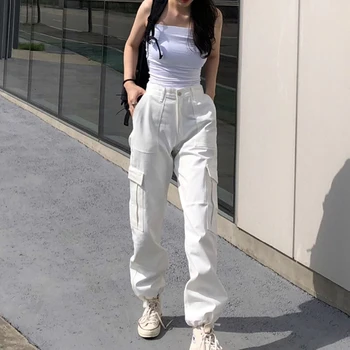 YBYR Mood Lasti Naiste Püksid Tasku Valge Streetwear Kõrge Vöökoht Püksid Vintage Sirge Harajuku Kevad Sügis Vabaaja Pant