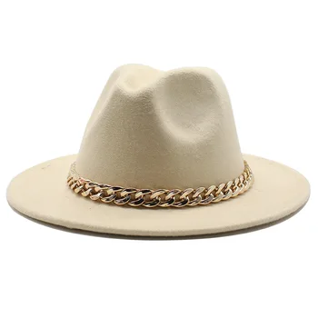 Fedoras on Naiste Müts Panama ühise Põllumajanduspoliitika Jazz Müts Laia Ääreni Paks Kullast Kett Bänd Klassikaline Must Beež Felted Mütsi Ülemine Tahke Villa Segu Kork