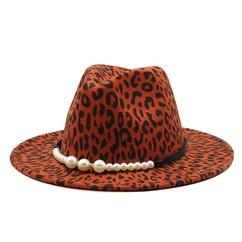 Mood retro, leopard printida pearl jazz mütsi talvel imitatsioon villane müts daamid mitmekülgne fedora müts laia ääreni Panama müts