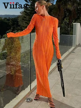 Viifaa Oranž Elegantsed Soonilised Maxi Kleit O-Kaelus Pikk Varrukas Sügis-Talve Riided 2022 Naiste Streetwear Bodycon Casual Kleidid