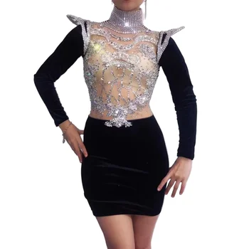 Uued Vilkuvad Hõbe Rhinestone Kleit Must Samet Õmblemine Leotard Sünnipäeva Tähistada Kostüüm Tantsija Tutid Kleit Etapp Kanda