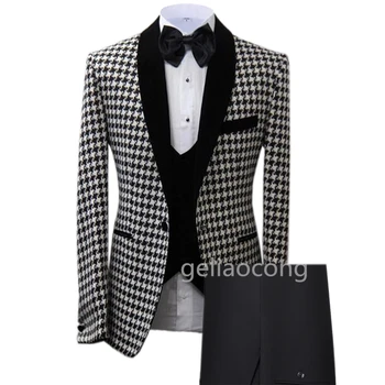 Houndstooth Sobib Slim Fit 3 Töö Meeste Ülikond Ilus Groomsmen Tuxedos Pulm Prom Pool Meeste Ülikonnad (Jope+Vest+Püksid)