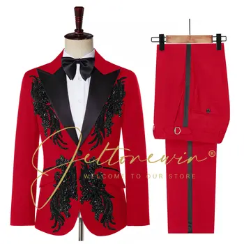 JELTONEWIN Punane Meeste Ülikond Must Kristall Profileerimine Luksus Ametliku Pulm Kostüümid Meeste 2022 Originaalne Disain Terno Masculino