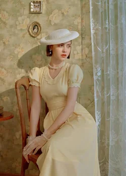 Hepburn-Stiilis Naised Laine Krae helekollane Suur Hem Pikk Kleit Suvel Lühikesed Varrukad One-piece Elegantne
