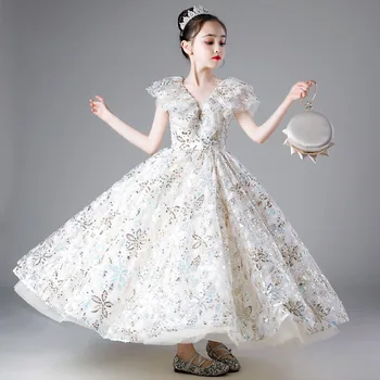 Elegantne Printsess Sädelevat Peen Litrid Bling Tüdrukute Kleit Pulm Pikk Kleit Partei Ametliku Kleit