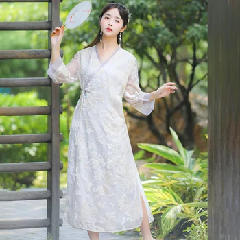 2022 Sügisel Uus Täiustatud Cheongsam Retro Kleit Valge Haldjas Moe Mõttes, Traditsiooniline Hiina Kaasaegse Hanfu Qipao Kleit Naistele