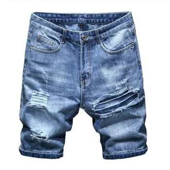 Uus Meeste meeste mood vabaaja augud ripitud sinine denim lühikesed püksid Suvel vabaaja slim teksad sirge