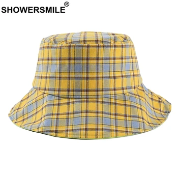 SHOWERSMILE Ruuduline Kopp Müts Summer Meeste Kollane Kopp Müts Naiste korea Puuvill Kalapüügi Müts, Retro päikesekaitse Bob ühise Põllumajanduspoliitika Unisex